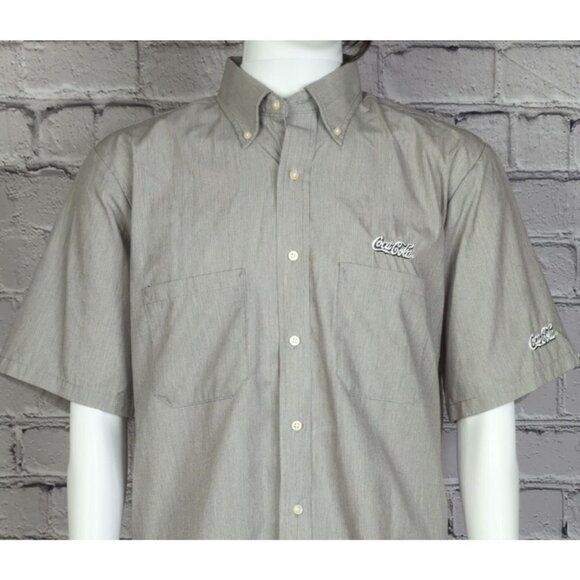 Coca Cola by Cintas Grey Logo Short Sleeve Uniform Button Down Shirt, Mens Large - Picture 1 of 9